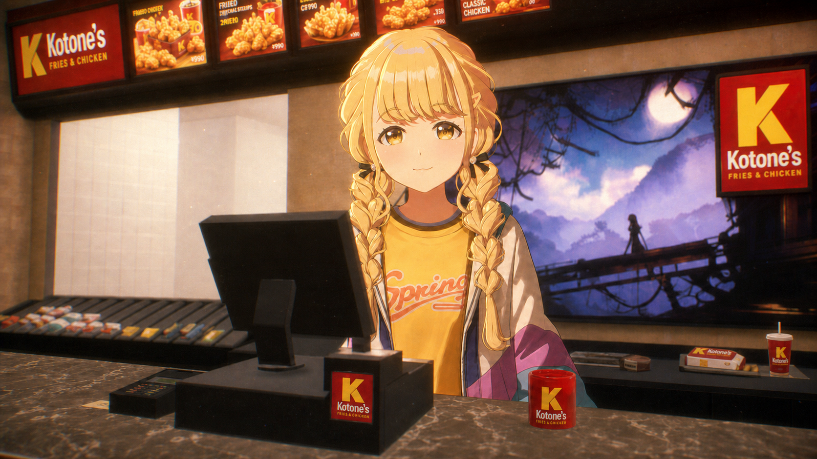 Kotone's 柜台前的藤田琴音与门店菜单板